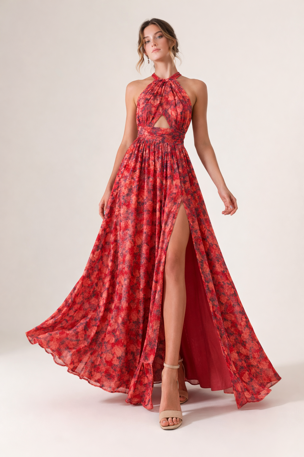 Robe femme dos nu encolure licou fente devant imprimé floral - Ennis