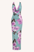 Robe longue femme floral encolure drapée élégante soirée - Peony