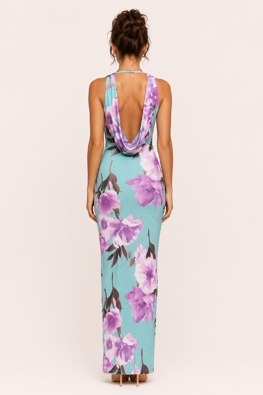 Robe longue femme floral encolure drapée élégante soirée - Peony