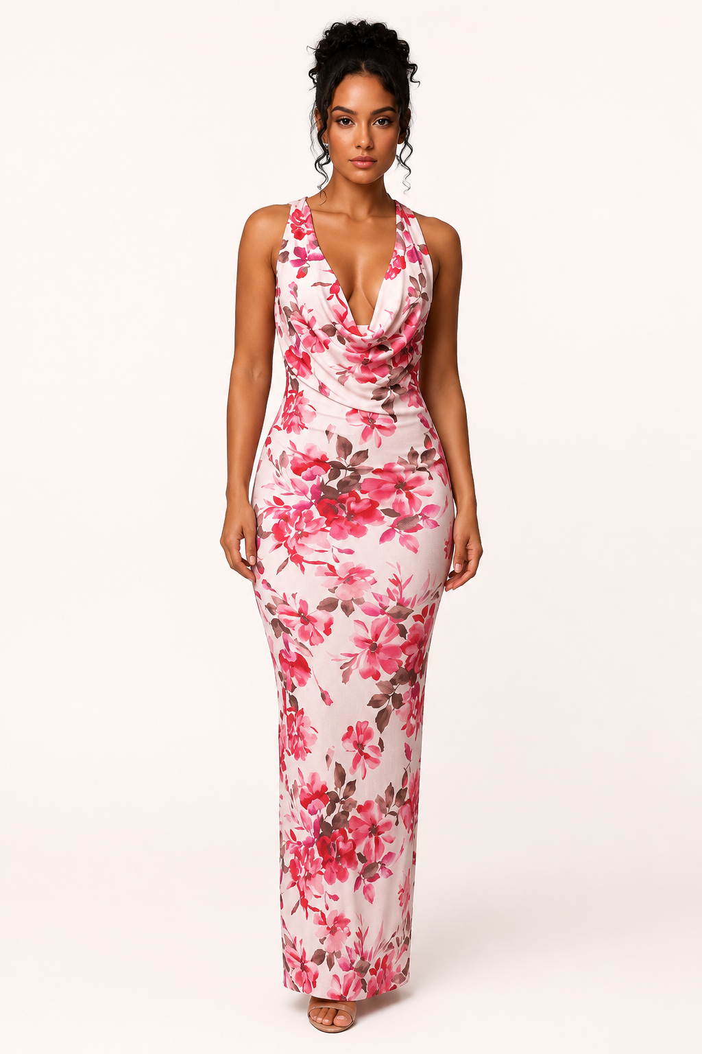 Robe longue femme floral encolure drapée élégante soirée - Peony