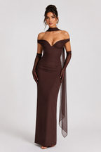 Robe de soirée longue pour femme, avec décolleté Bardot et châle - Fanny