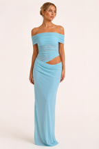 Robe longue pour femmes invitées à un mariage robe élégante à épaules décollées avec ruchés - Nadine