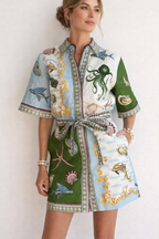 Mini robe chemise imprimé marin ceinturée col pointu - Rosenda