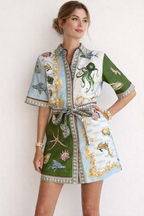 Mini robe chemise imprimé marin ceinturée col pointu - Rosenda