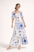 Robe midi encolure carrée manches bouffantes imprimée ceinturée - Soleil