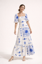 Robe midi encolure carrée manches bouffantes imprimée ceinturée - Soleil