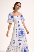 Robe midi encolure carrée manches bouffantes imprimée ceinturée - Soleil