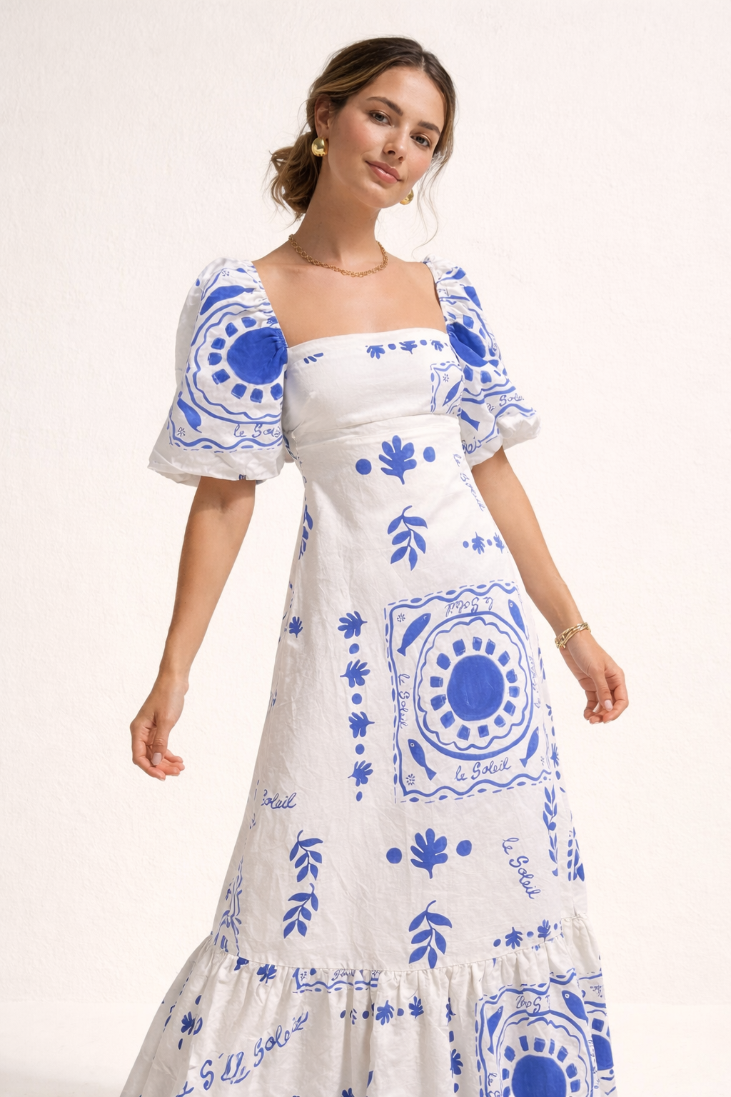 Robe midi encolure carrée manches bouffantes imprimée ceinturée - Soleil