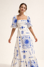 Robe midi encolure carrée manches bouffantes imprimée ceinturée - Soleil