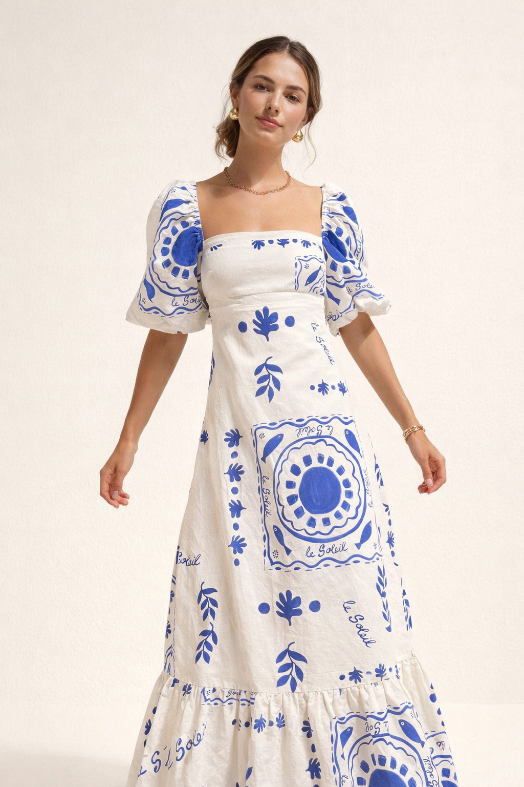 Robe midi encolure carrée manches bouffantes imprimée ceinturée - Soleil
