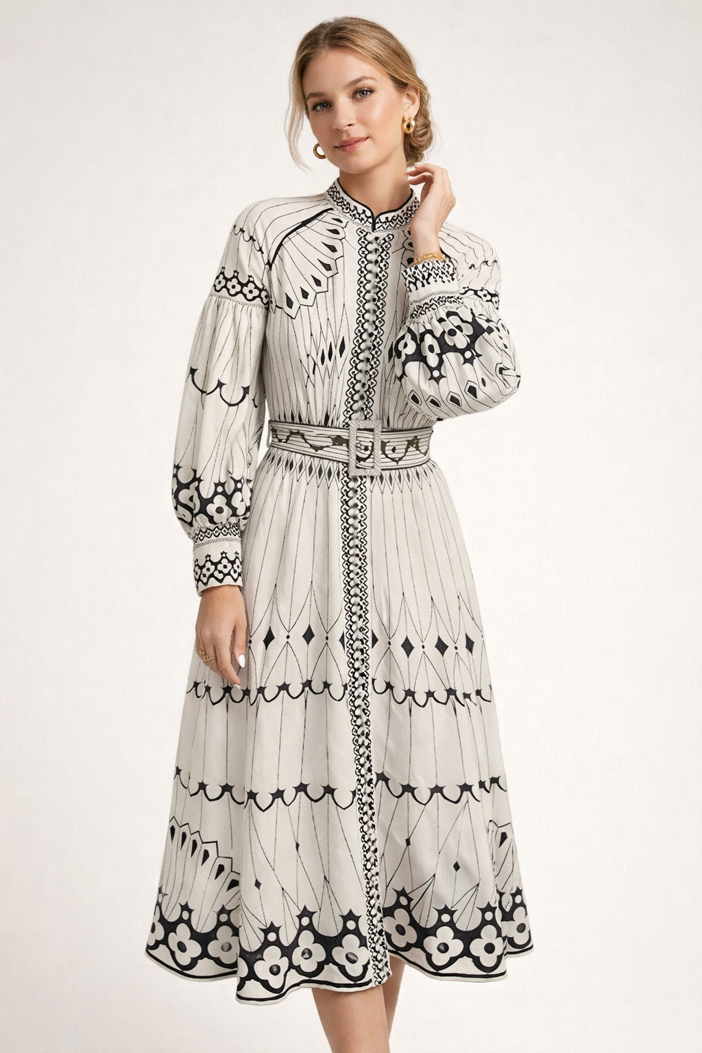 Robe midi imprimé ornemental manches lanternes ceinturée - Aurelia