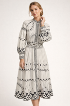 Robe midi imprimé ornemental manches lanternes ceinturée - Aurelia