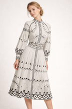 Robe midi imprimé ornemental manches lanternes ceinturée - Aurelia