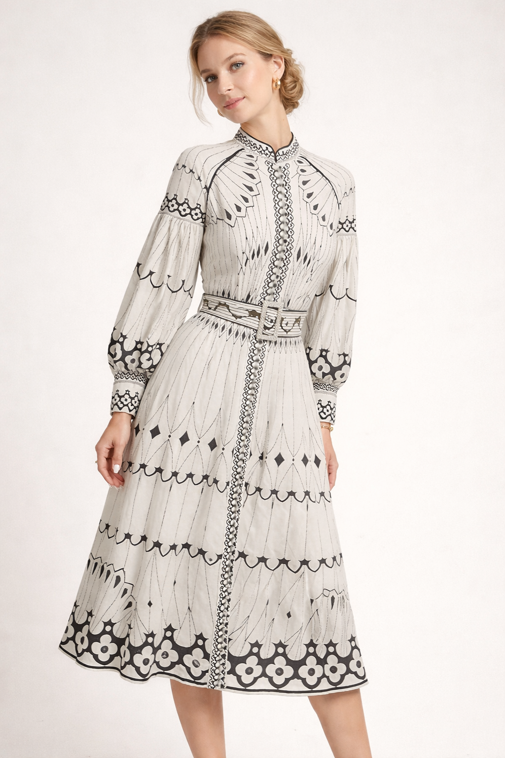 Robe midi imprimé ornemental manches lanternes ceinturée - Aurelia