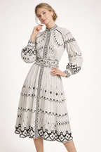 Robe midi imprimé ornemental manches lanternes ceinturée - Aurelia
