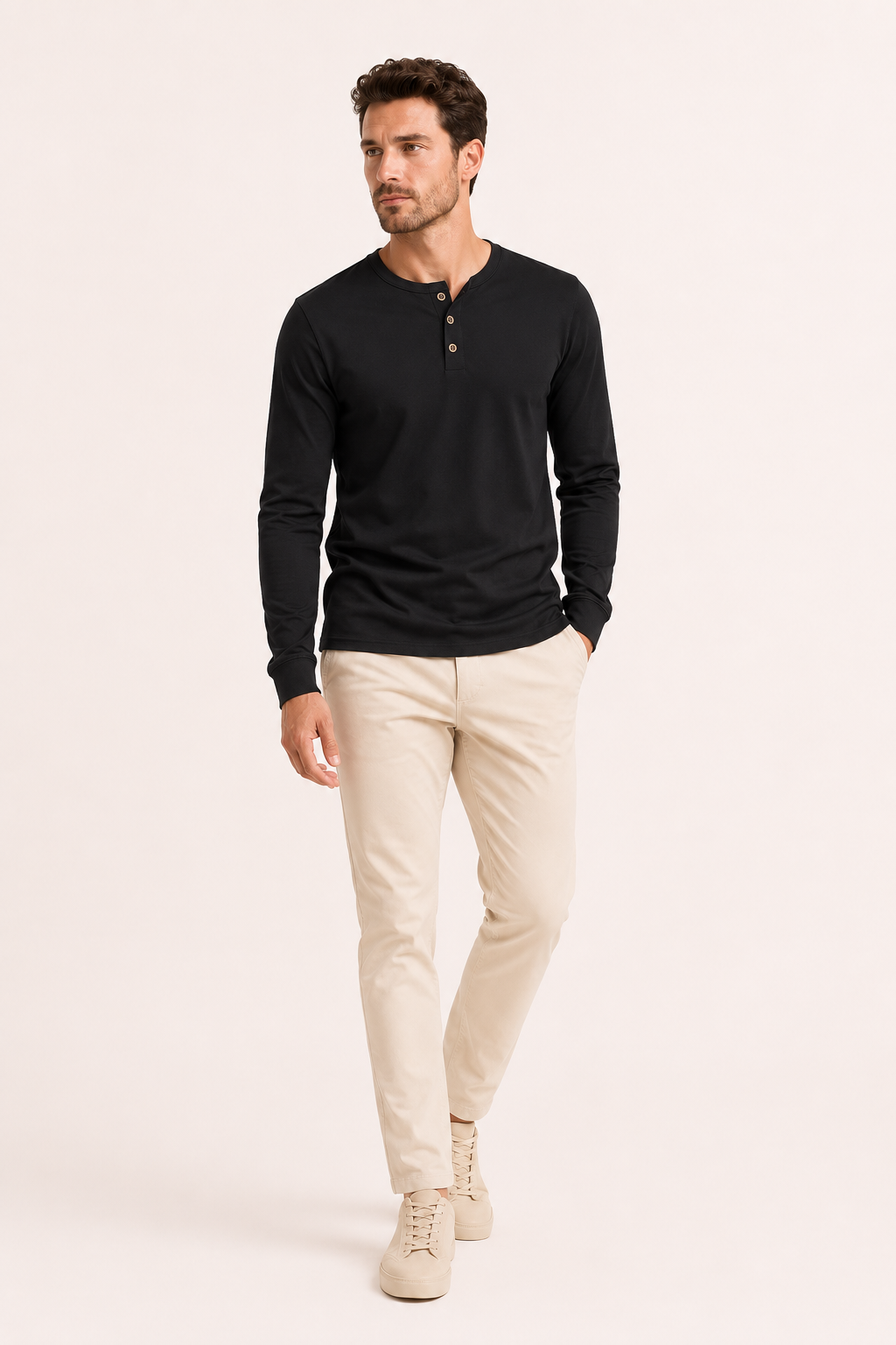 T-shirt homme manches longues col boulanger trois boutons - Boris