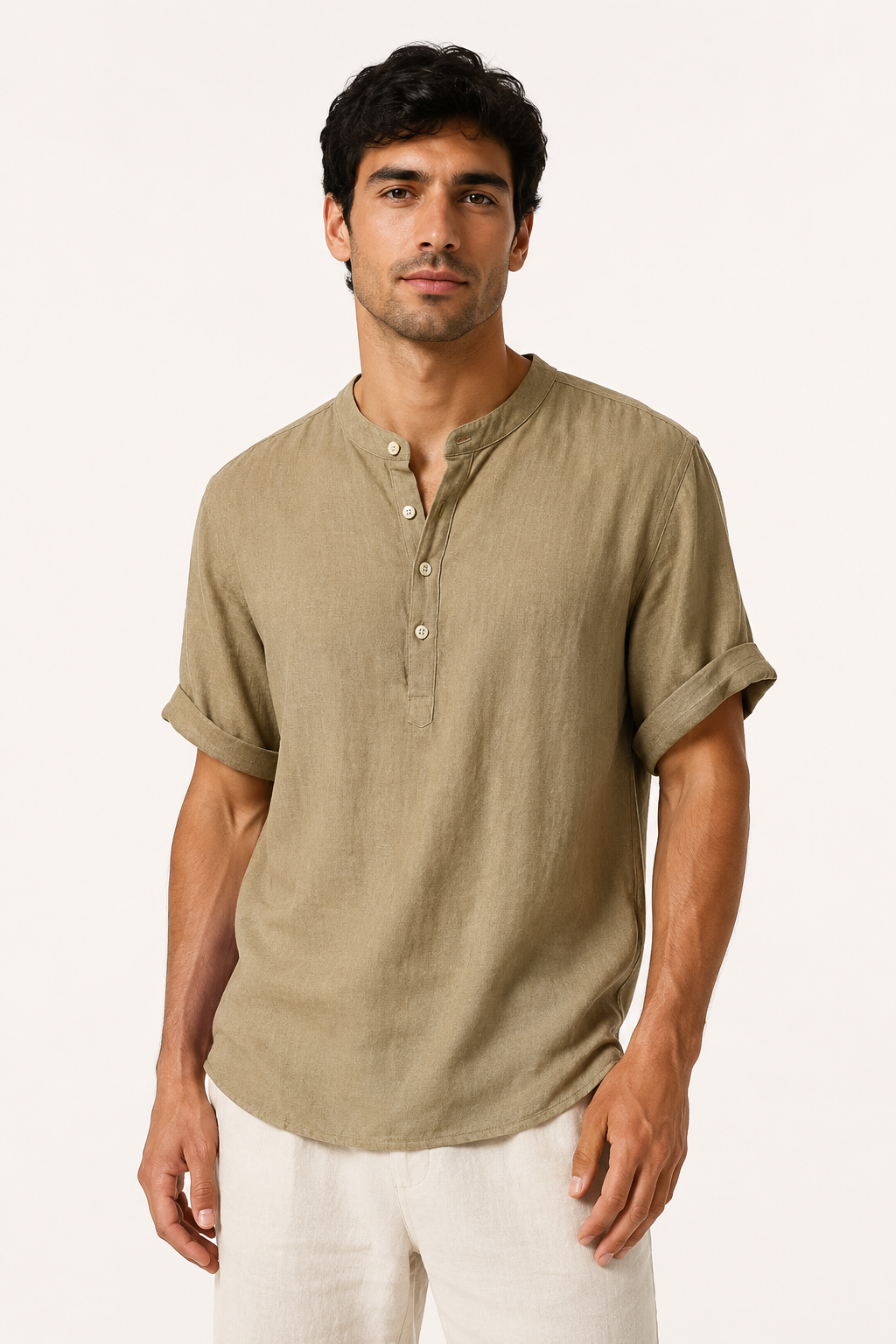Chemise lin homme manches courtes col mao casual été - Stefan