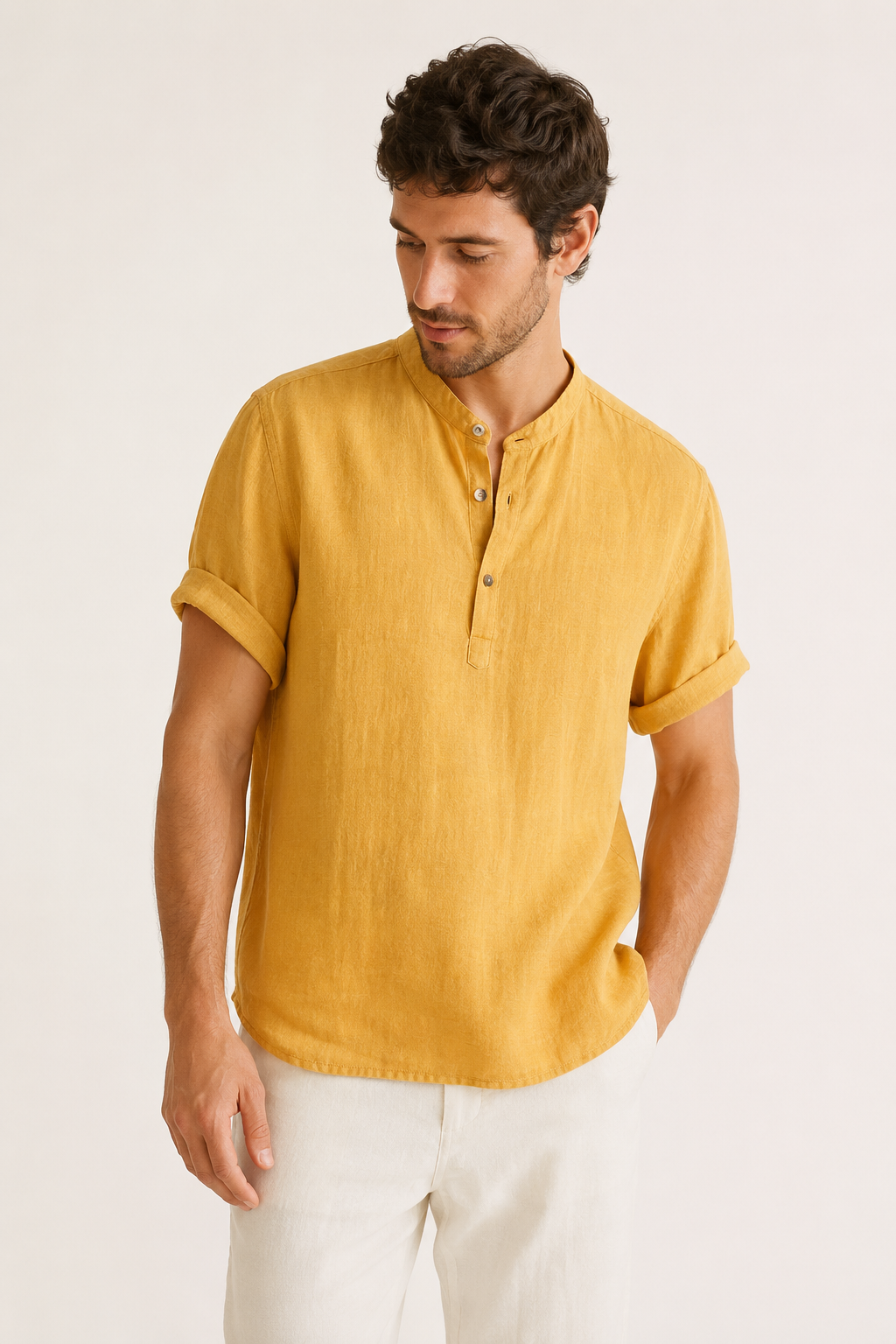 Chemise lin homme manches courtes col mao casual été - Stefan