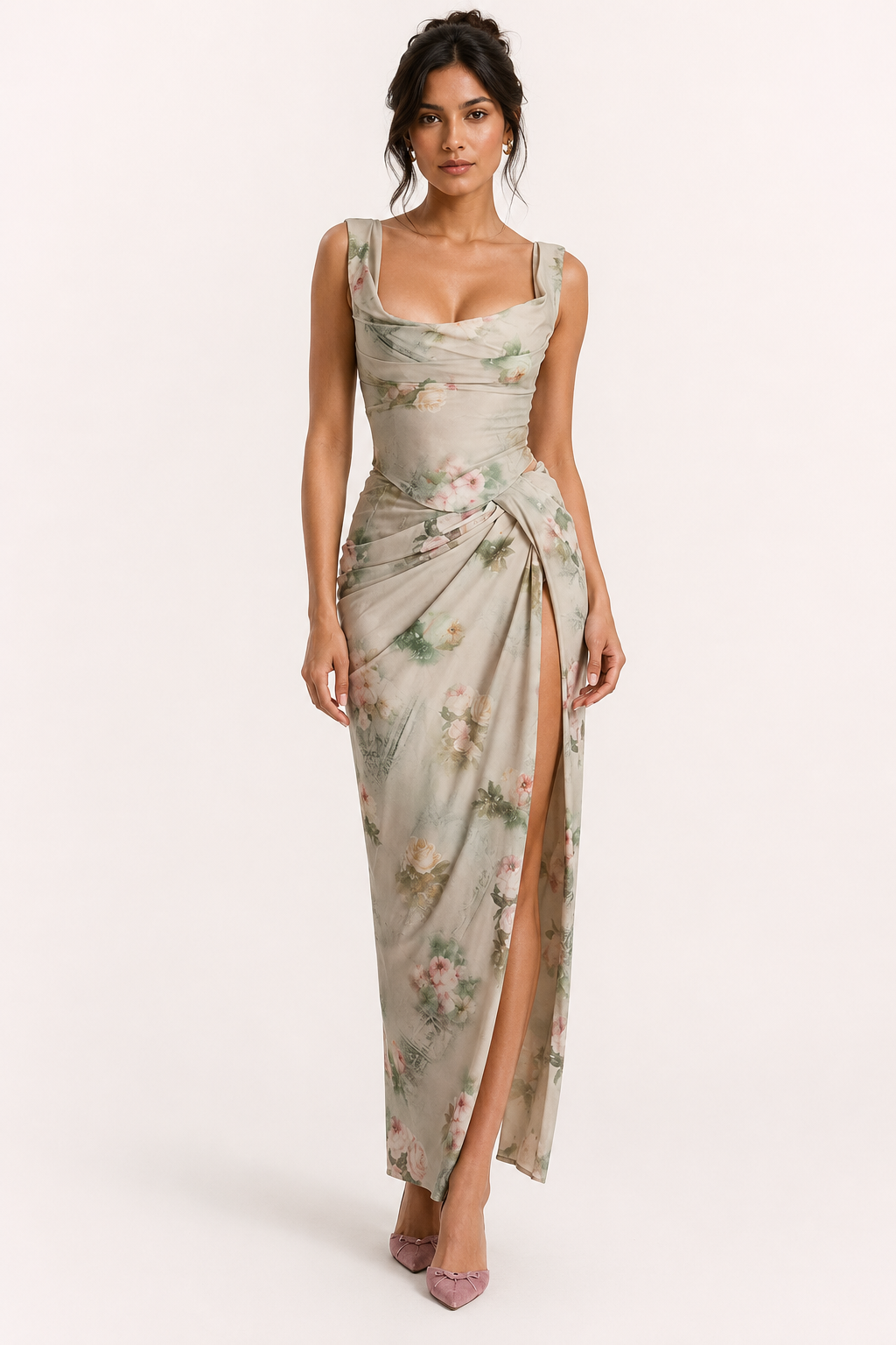 Robe longue à motifs floraux pour femme avec fente, idéale pour les mariages - Lena