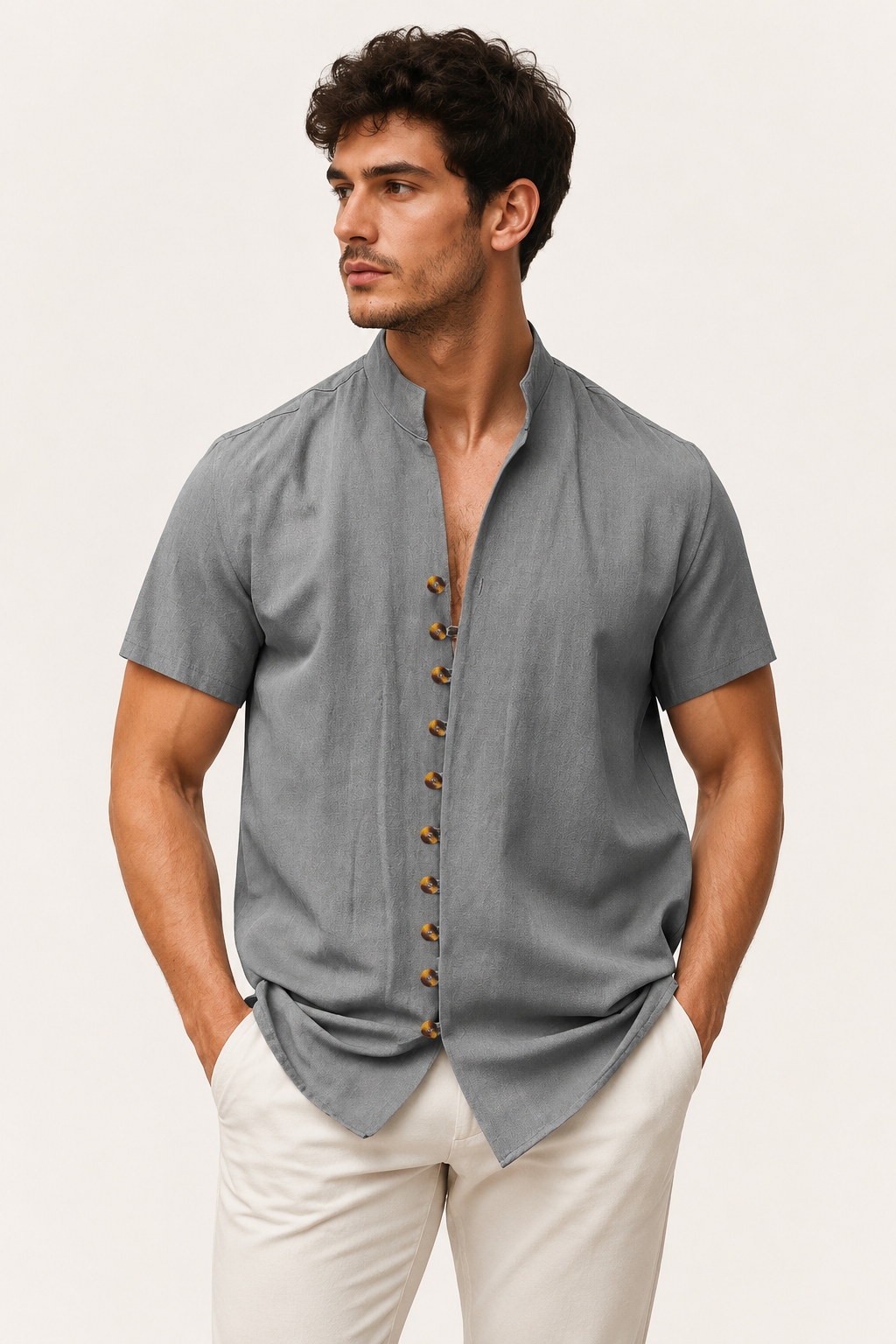 Chemise homme manches courtes col mao boutonnée casual - Lorenz