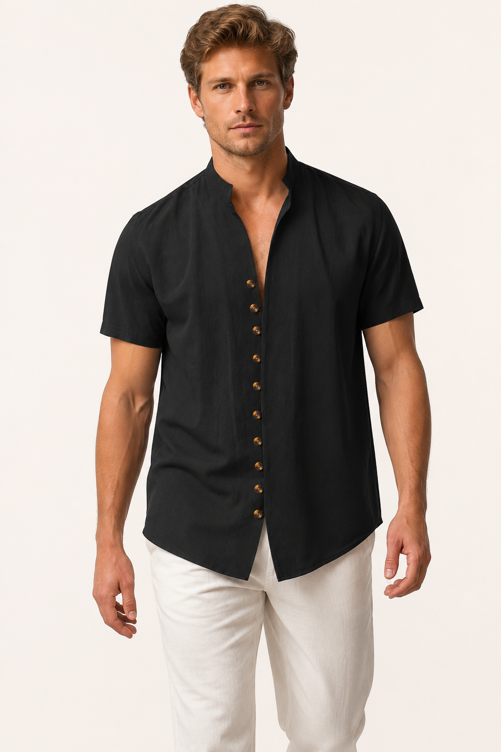 Chemise homme manches courtes col mao boutonnée casual - Lorenz