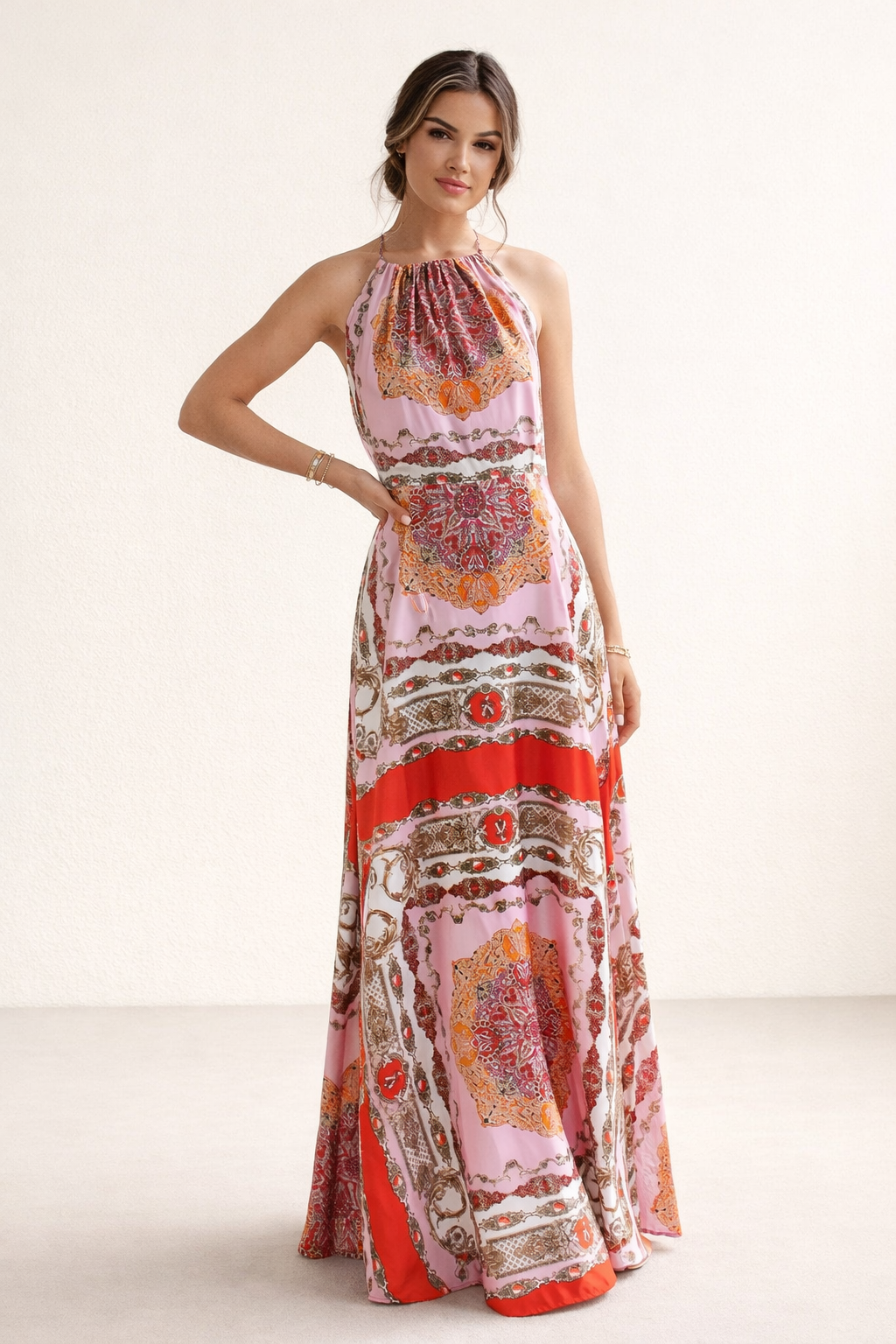Robe longue femme bohème dos nu fluide imprimée - Elisa
