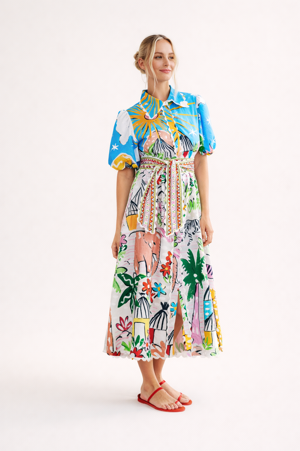 Robe midi femme col chemise motif tropical artistique - Zafrina