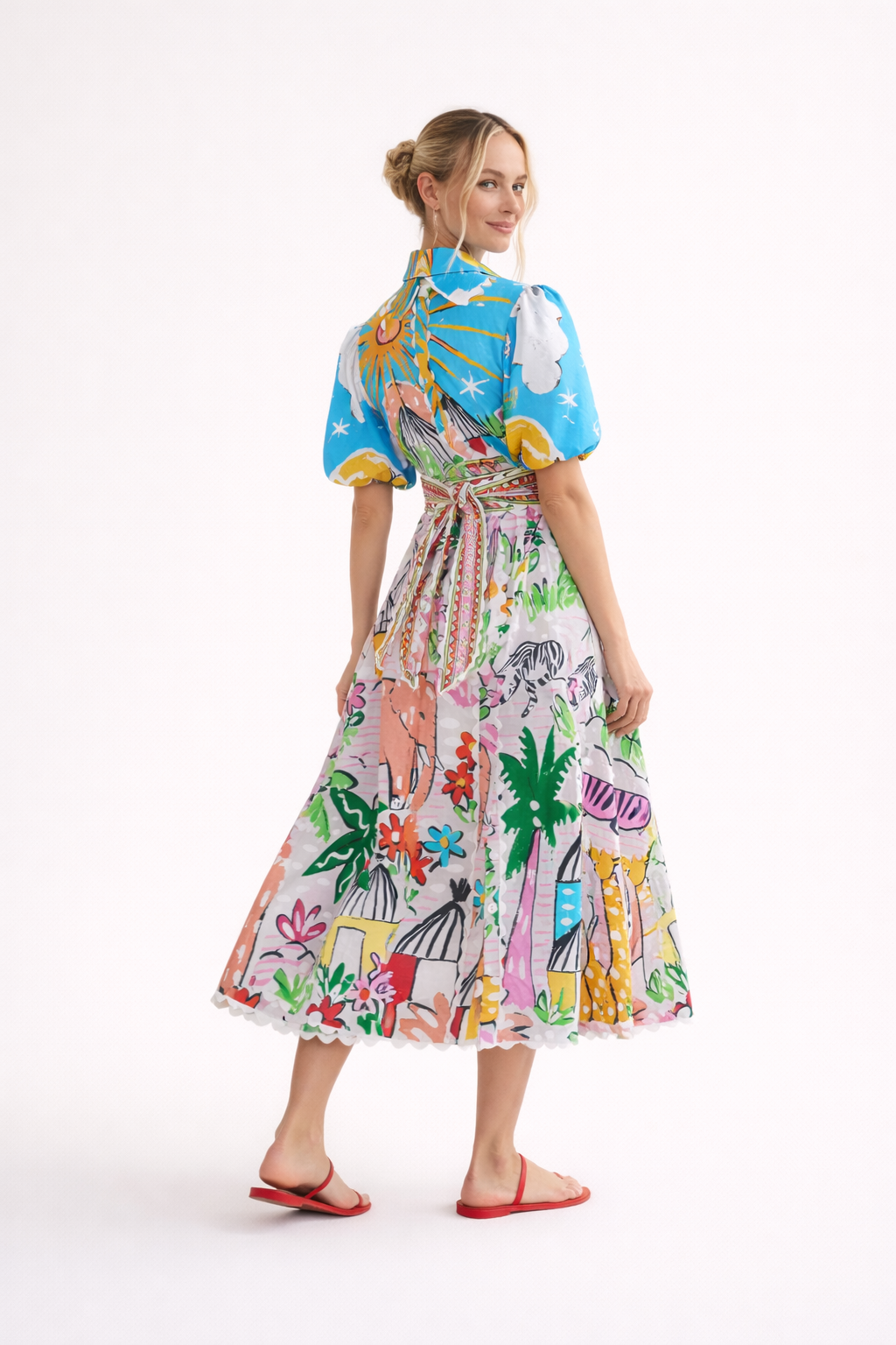 Robe midi femme col chemise motif tropical artistique - Zafrina