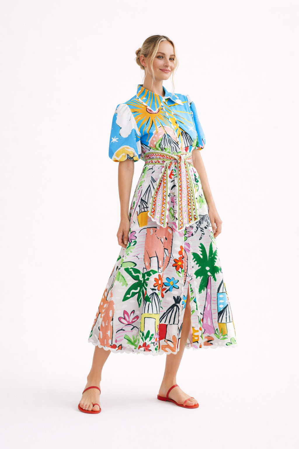 Robe midi femme col chemise motif tropical artistique - Zafrina
