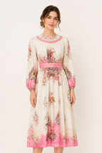 Robe midi florale manches longues poignets taille définie confort prolongé - Brenda