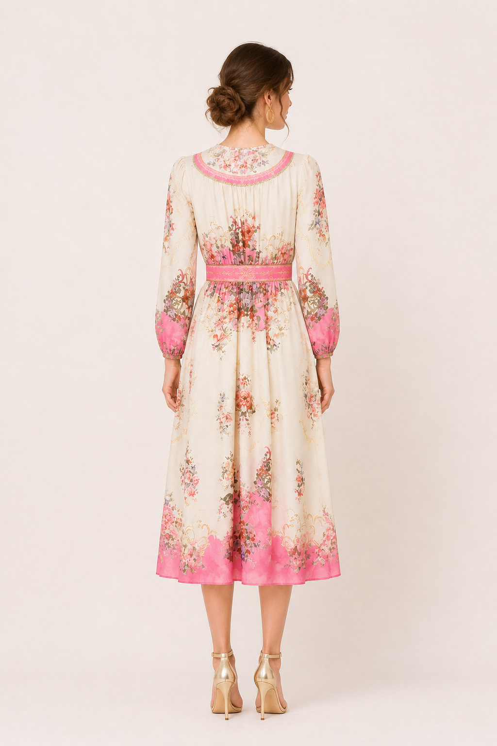Robe midi florale manches longues poignets taille définie confort prolongé - Brenda