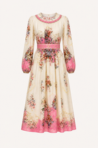 Robe midi florale manches longues poignets taille définie confort prolongé - Brenda