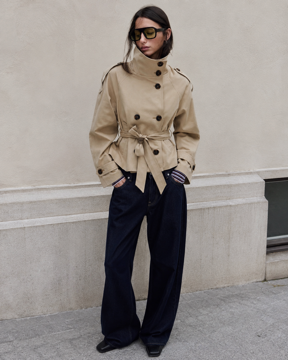 Trench-coat femme col montant ceinture imperméable classique - Solène