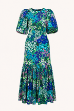 Robe midi florale manches bouffantes volants ourlet ceintrée - Nani