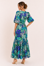 Robe midi florale manches bouffantes volants ourlet ceintrée - Nani