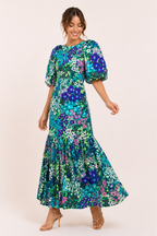 Robe midi florale manches bouffantes volants ourlet ceintrée - Nani