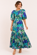 Robe midi florale manches bouffantes volants ourlet ceintrée - Nani