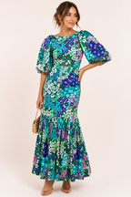 Robe midi florale manches bouffantes volants ourlet ceintrée - Nani
