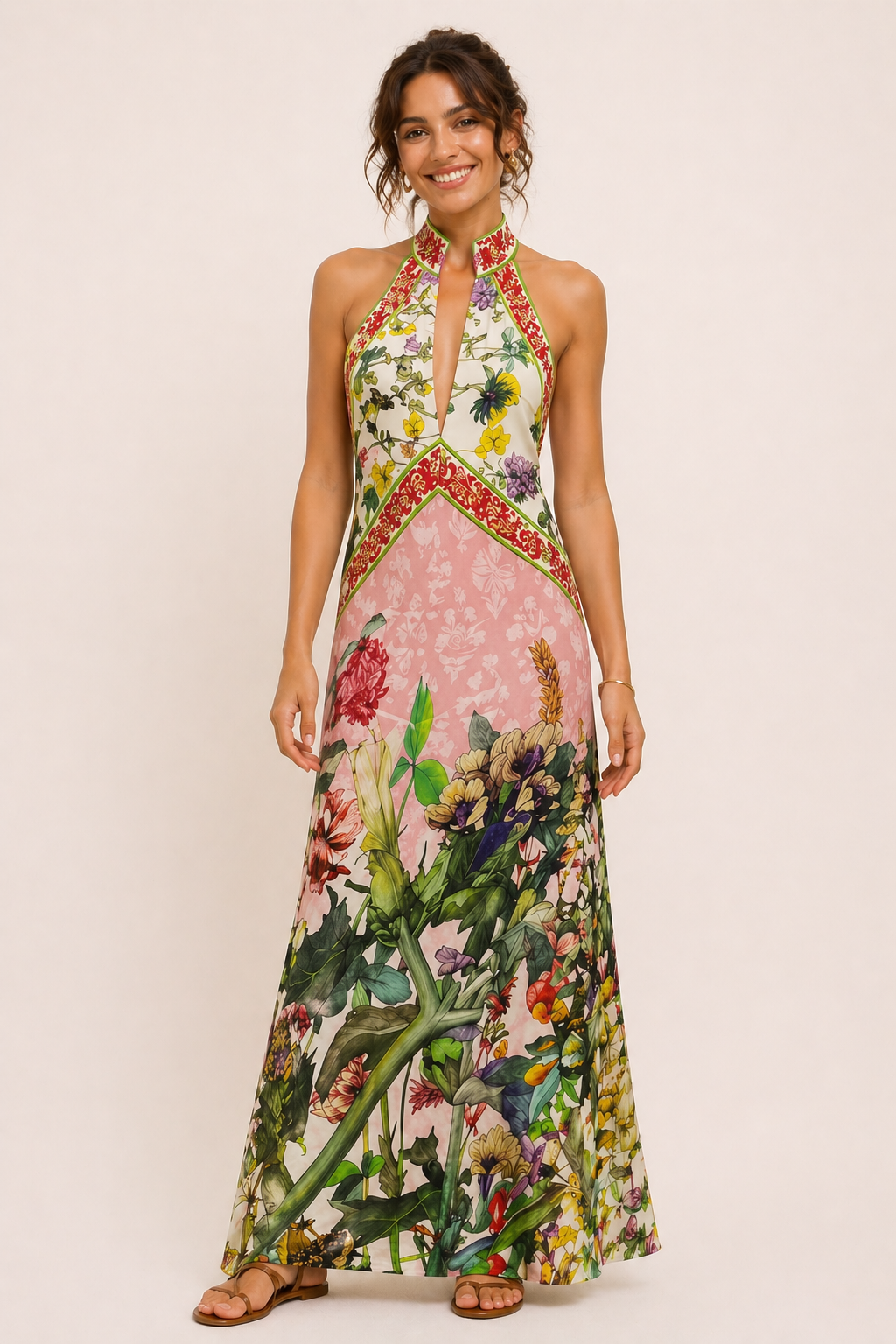 Robe longue dos nu fente devant imprimé floral surdimensionné printemps-été - Valery