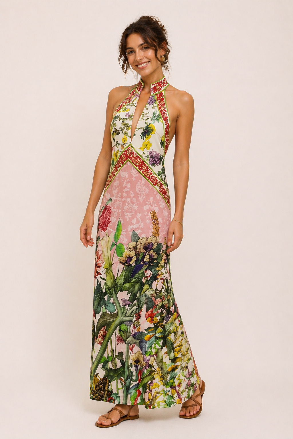 Robe longue dos nu fente devant imprimé floral surdimensionné printemps-été - Valery
