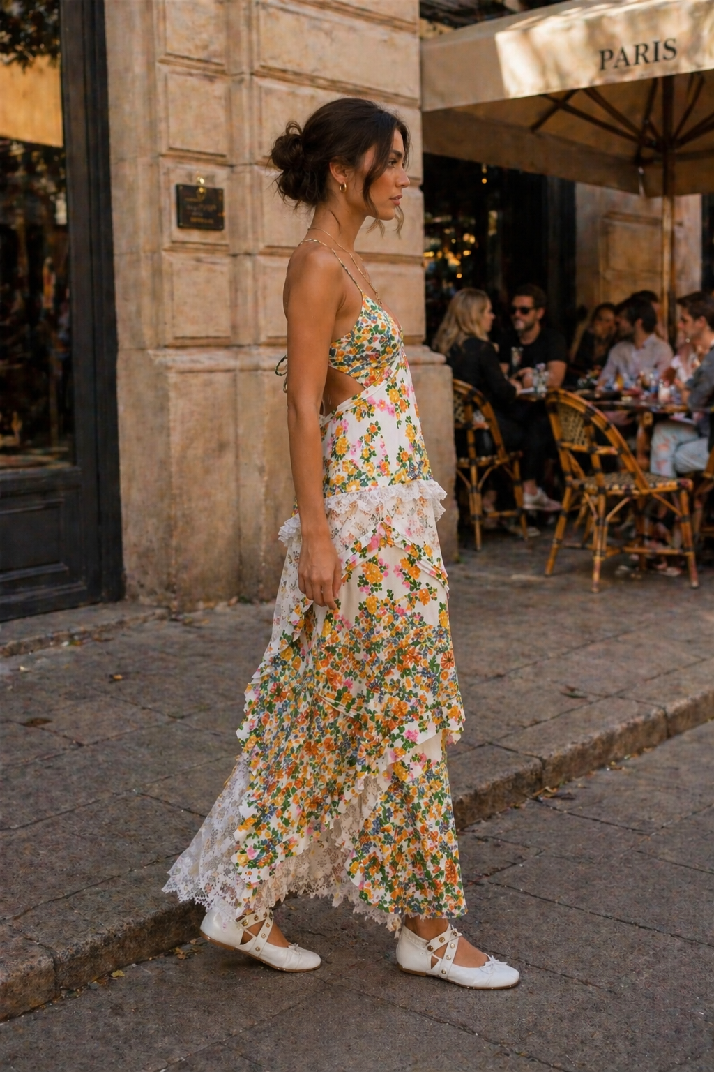 Robe longue fines bretelles dentelle florale panneaux superposés été - Danira