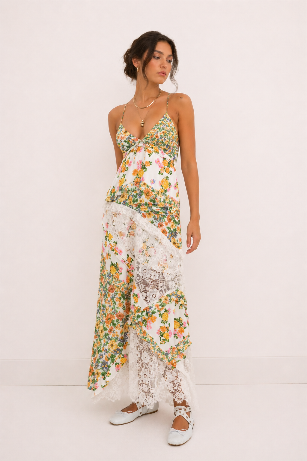 Robe longue fines bretelles dentelle florale panneaux superposés été - Danira