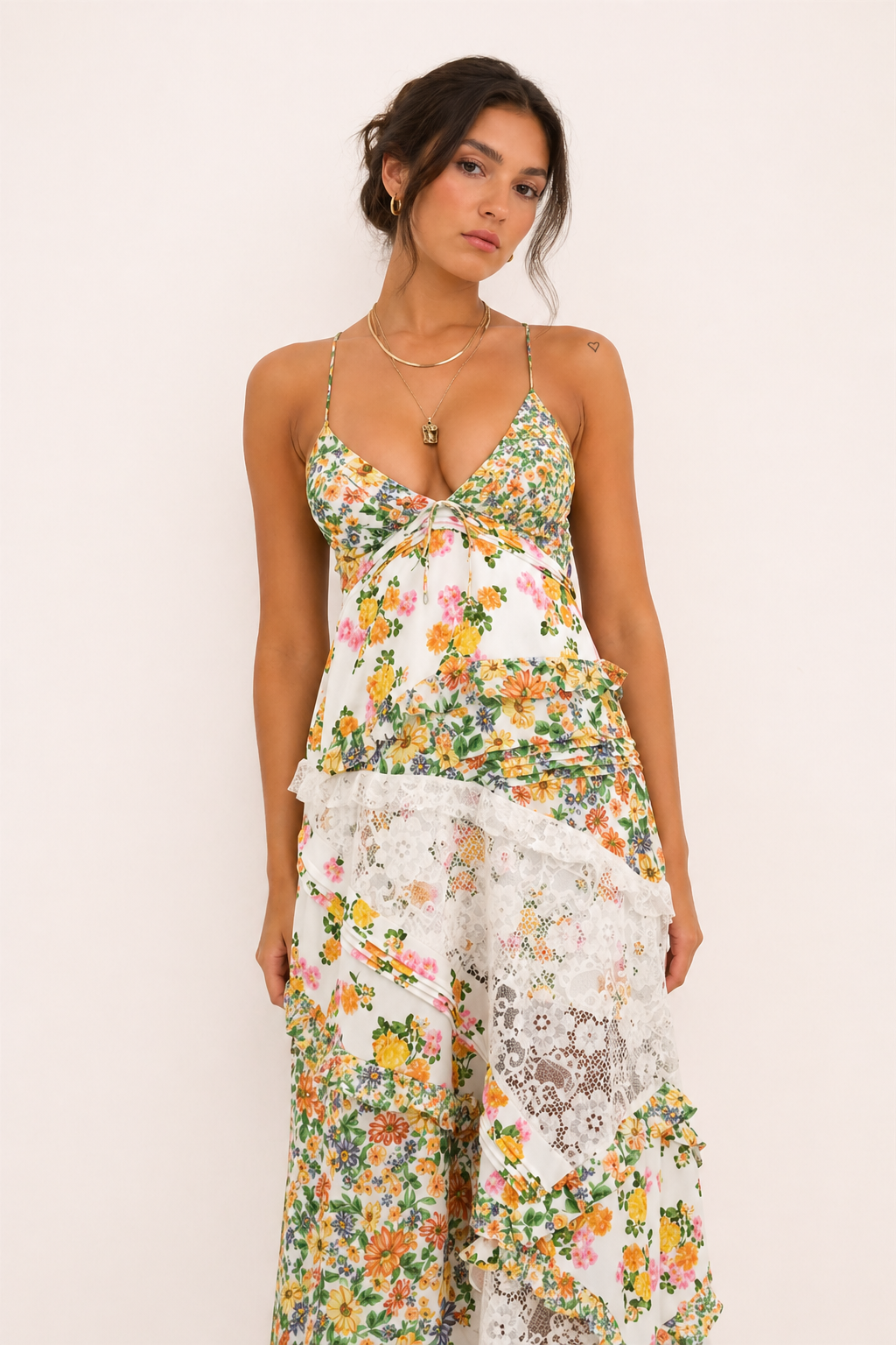 Robe longue fines bretelles dentelle florale panneaux superposés été - Danira
