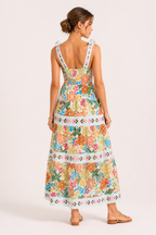 Robe midi été bretelles nouées imprimé floral bandes horizontales vacances - Estela
