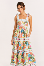 Robe midi été bretelles nouées imprimé floral bandes horizontales vacances - Estela