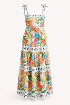 Robe midi été bretelles nouées imprimé floral bandes horizontales vacances - Estela