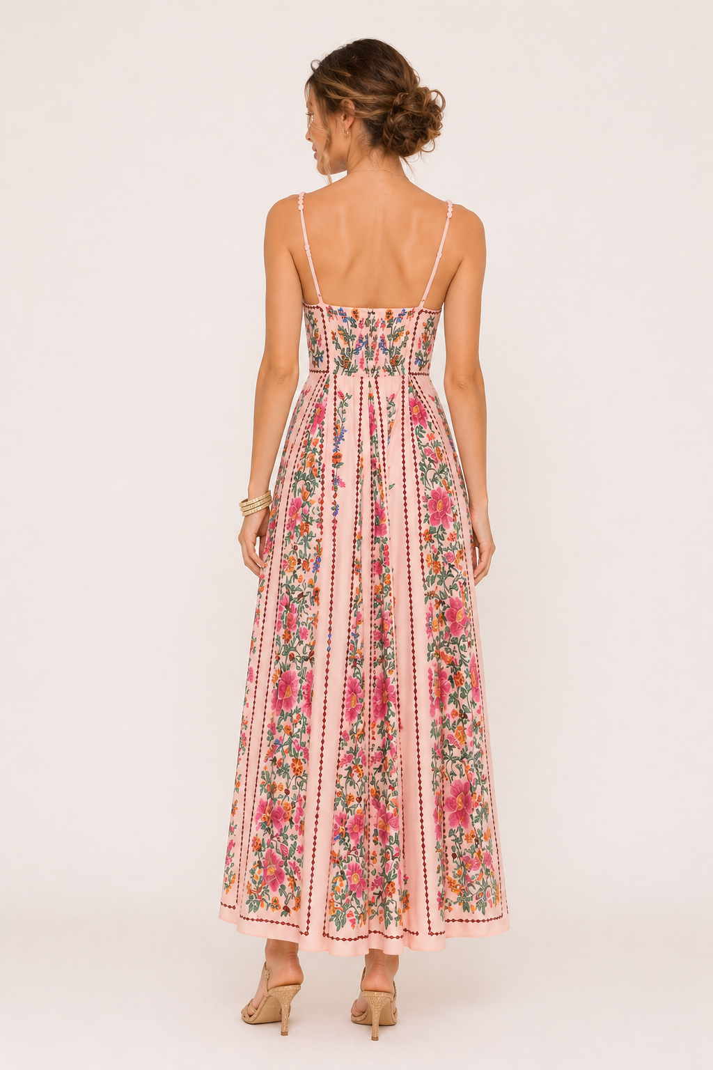 Robe midi fines bretelles décolleté en cœur imprimé floral vertical cintré - Nadine