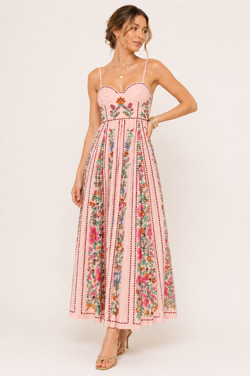Robe midi fines bretelles décolleté en cœur imprimé floral vertical cintré - Nadine