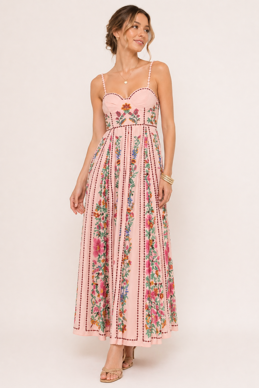 Robe midi fines bretelles décolleté en cœur imprimé floral vertical cintré - Nadine