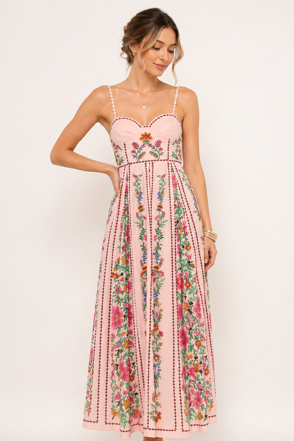 Robe midi fines bretelles décolleté en cœur imprimé floral vertical cintré - Nadine